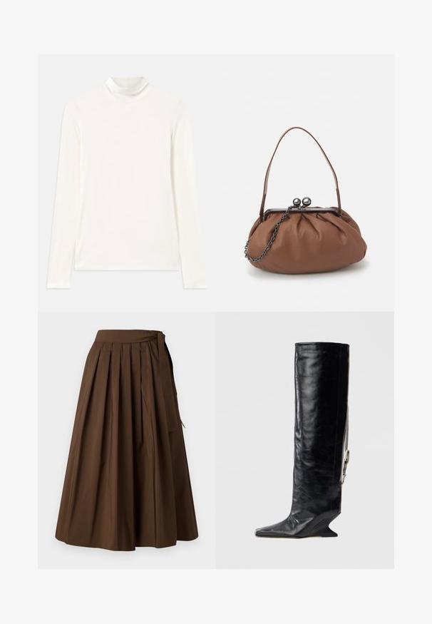 Maglione a collo alto bianco a maniche lunghe realizzato in tessuto morbido ed elastico. Presenta un collo alto e un design aderente senza motivi né accenti.; Gonna plissettata marrone realizzata in tessuto con una texture liscia, caratterizzata da un vita alta e dettagli laterali con lacci per la chiusura.; Stivale nero in pelle fino al ginocchio con punta appuntita, tacco a zeppa unico e dettaglio con catena sul lato. Texture liscia con finitura lucida.; Borsa a tracolla in pelle marrone con un design arricciato, manico corto in pelle e tracolla a catena. Presenta una chiusura in metallo argentato con due accenti rotondi.