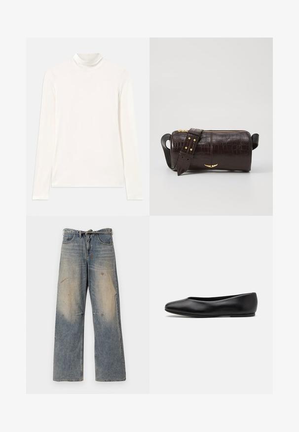 Weißes Langarm-Turtleneck-Oberteil aus glattem, elastischem Stoff. Es hat einen hohen Kragen und eine taillierte Form ohne Muster oder Akzente.; Helle blaue Denim-Jeans mit einem lockeren, geraden Schnitt. Verfügt über Ausbleichungen, Verwaschungen und abgenutzte Details an den Knien. Klassisches Fünf-Taschen-Design.; Paul Smith TOPANGA - Klassischer Ballerina - black; Braune, krokodilgeprägte Lederhandtasche mit zylindrischer Form, goldfarbener Hardware und einem abnehmbaren Tragegurt mit Nieten.