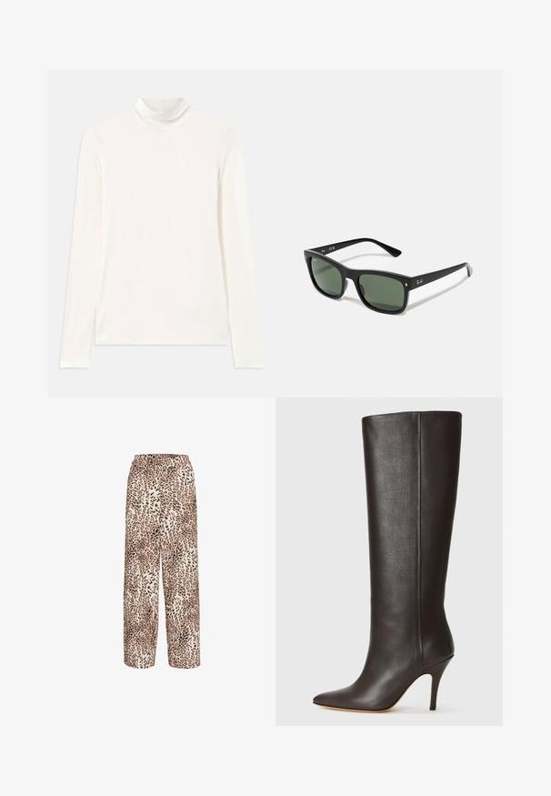 White turtleneck long-sleeve top made of smooth, stretchy fabric. Features a high neck and fitted design with no patterns or accents.; Leopard print wide-leg pants made of soft fabric, featuring an elastic waistband and a light beige background with dark brown spots.; Black knee-high leather boot with a pointed toe, sleek design, and a thin high heel. Smooth texture and minimal detailing.; Black rectangular sunglasses with dark green lenses, made of plastic, featuring metal detailing near the lenses and brand logo on the temple.; Black leather handbag with a curved shape, a single strap, zip closure, and subtle branding on the front. Smooth texture, minimalist design.