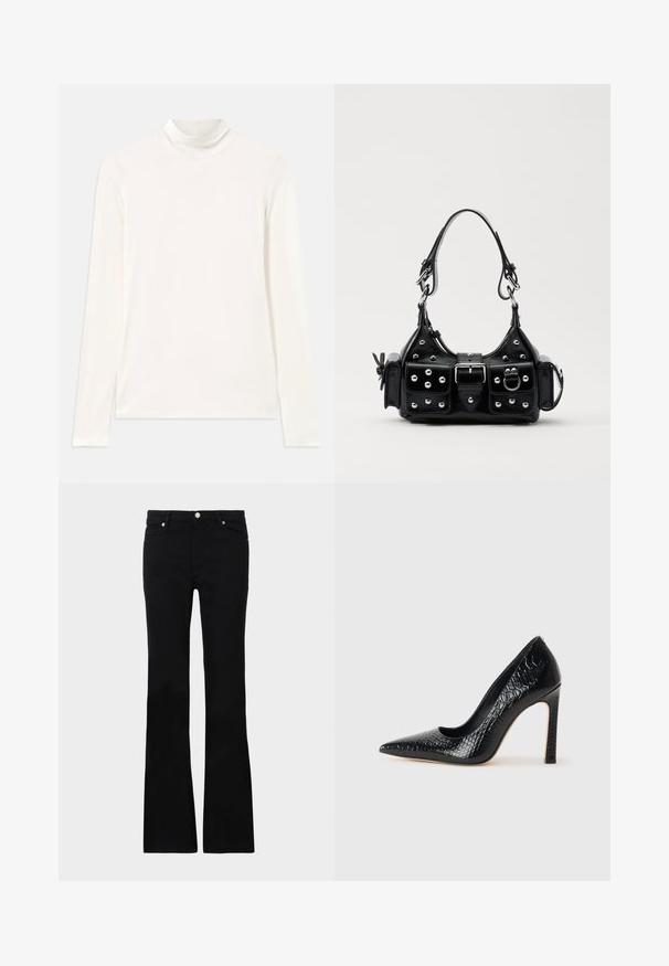 Weißes Langarm-Turtleneck-Oberteil aus glattem, elastischem Stoff. Es hat einen hohen Kragen und eine taillierte Form ohne Muster oder Akzente.; Schwarze, ausgestellte Jeans aus Denim, ausgestattet mit zwei Fronttaschen, einem Knopfverschluss und einer glatten Oberfläche. Signatur-Nähte an den Nähten sichtbar.; Schwarzer, spitz zulaufender High Heel mit Krokodilleder-Struktur, elegantem Design, hohem Stiletto-Absatz und glattem schwarzen Innenraum.; Schwarze Lederhandtasche mit einem geschwungenen Design, verziert mit silbernen Nieten, einer Schnalle und zwei seitlichen Taschen. Verstellbarer Träger für verschiedene Tragemöglichkeiten.