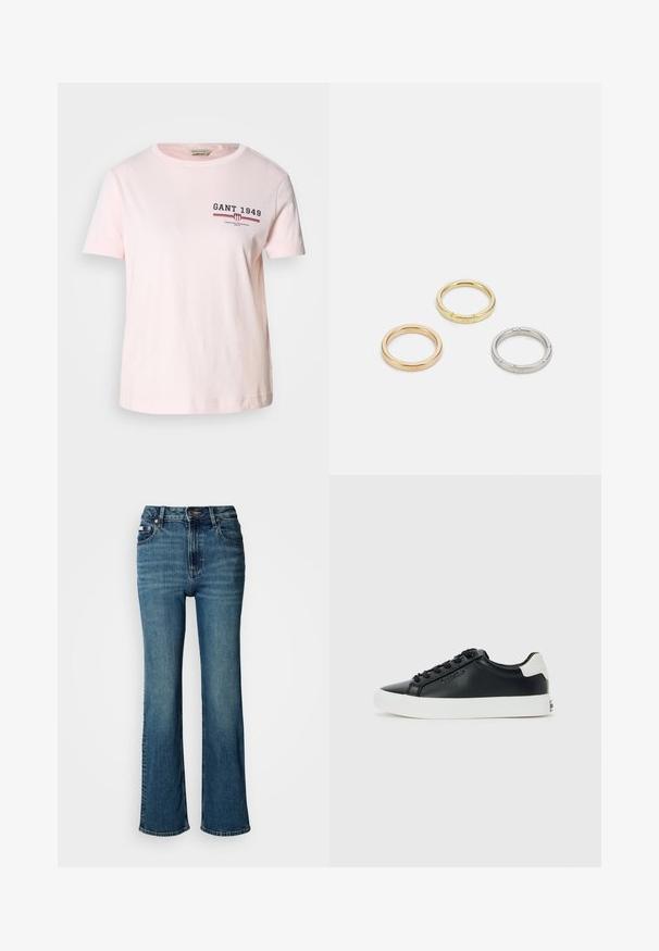Rosa Baumwoll-T-Shirt mit rundem Halsausschnitt. Verfügt über das Logo "GANT 1949" in Marineblau und Rot auf der Brust, kurze Ärmel und einen geraden Saum.; Hochtaillierte blaue Jeans aus Denim mit geradem Bein, dezentem Verblassen und einem standardmäßigen Knopf- und Reißverschluss.; Schwarze Low-Top-Sneaker mit weißer Sohle und Fersenlasche, schwarzen Schnürsenkeln und dezentem Calvin Klein-Logo an der Seite, auf einem schlichten Hintergrund präsentiert.; Drei Metallringe: einer in Roségold, einer aus Gold mit strukturierten Akzenten und einer aus Silber, alle mit graviertem Branding auf dem inneren Band.