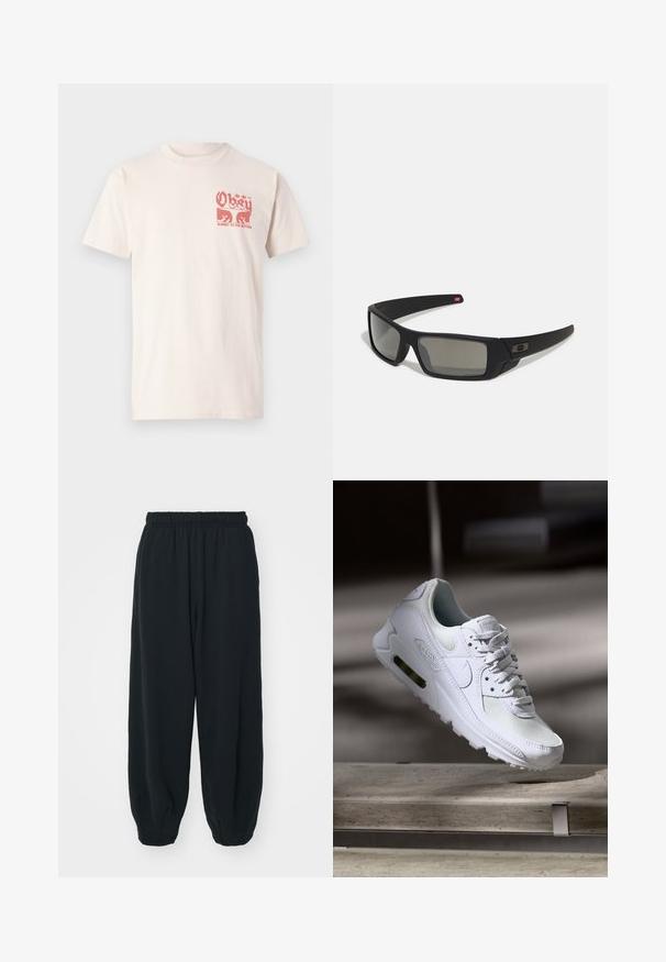Lyhytnokkaiset, vaaleanbeiget puuvillapaidat, joissa on punainen graafinen kuvitus, jossa lukee "Obey" ja "Submit to the rhythm" etupuolella.; Mustat, elastisella vyötäröllä varustetut collegehousut, joissa on löysä istuvuus, cuffattu lahje, sileä pinta ja ilman näkyviä kuvioita tai varusteita.; Valkoiset Nike Air Max 90 -lenkkarit, joissa on verkko- ja nahkapinta, rei'itetty kärki ja näkyvä ilmayksikkö kantapäässä.; Mustat aurinkolasit matta-pinnalla, suorakulmaiset linssit, hieman kaarevat tempaukset, hienovarainen logo-yksityiskohta ja savunväriset linssit.