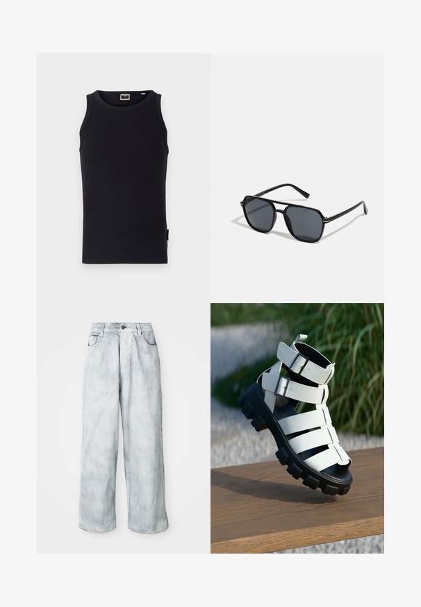 Melna bez piedurknēm topiņš, izgatavots no kokvilnas, ar ribotu tekstūru, apaļu kakla izgriezumu un mazu sānu birku. Vienkāršs, pieguļošs dizains.; Gaišā mazgāta plaša kāju džinsu bikses ar augstu jostasvietu, priekšējo pogu un rāvējslēdzēja aizdari, jostas cilpām un priekšējām un aizmugurējām kabatām.; Baltas siksniņu čības ar diviem sprādzēm, masīvu melnu zoli un atvērtu pirkstu dizainu. Virsma ir gluda ar matētu apdari.; Melnas saules brilles ar astoņstūra rāmī, tumšiem stikliem, spīdīgu apdari, plānām kājām un zelta akcentiem priekšpusē.