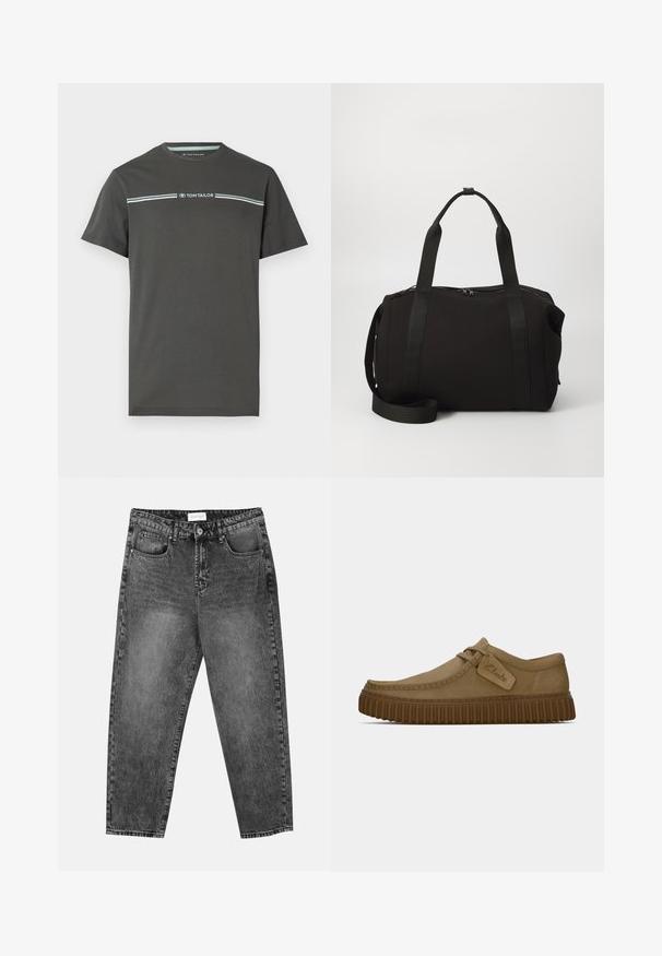 Sivý tričko s krátkym rukávom vyrobené z bavlny, s okrúhlym výstrihom a horizontálnym pruhovaným vzorom v svetlomodrej farbe cez hrudník.; Čierne pranie rovné nohavice s prednými a zadnými vreckami, pútkami na opasok a zapínaním na gombík v páse.; Svetlohnedé semišové topánky s okrúhlym špičkou, prešitou detailnou úpravou a ribbovanou hnedou gumovou podrážkou. Obsahujú bočný štítok s logom "Clarks".; Čierna športová taška s hrubými uchami a odnímateľným popruhom. Vyrobená z hladkej tkaniny, s uzatváraním na zips a minimalistickým dizajnom.