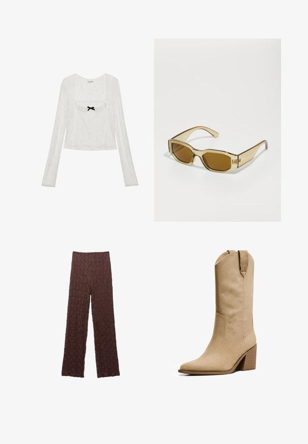 Blusa bianca a maniche lunghe in pizzo con scollatura quadrata, bordo a volant e piccolo fiocco nero al centro davanti.; Pantaloni marroni con texture, superficie stropicciata, gambe larghe e vita elastica. Il tessuto appare morbido e leggermente elasticizzato.; Bershka HIGH-HEEL - Stivali texani / biker - beige; Occhiali da sole trasparenti color ambra con lenti rettangolari, aste spesse e una finitura lucida, con un logo sottile sul lato.; Borsa a tracolla in sequins dorati con forma rettangolare, texture liscia e una tracolla sottile. I sequins creano una superficie riflettente, migliorando il suo aspetto.