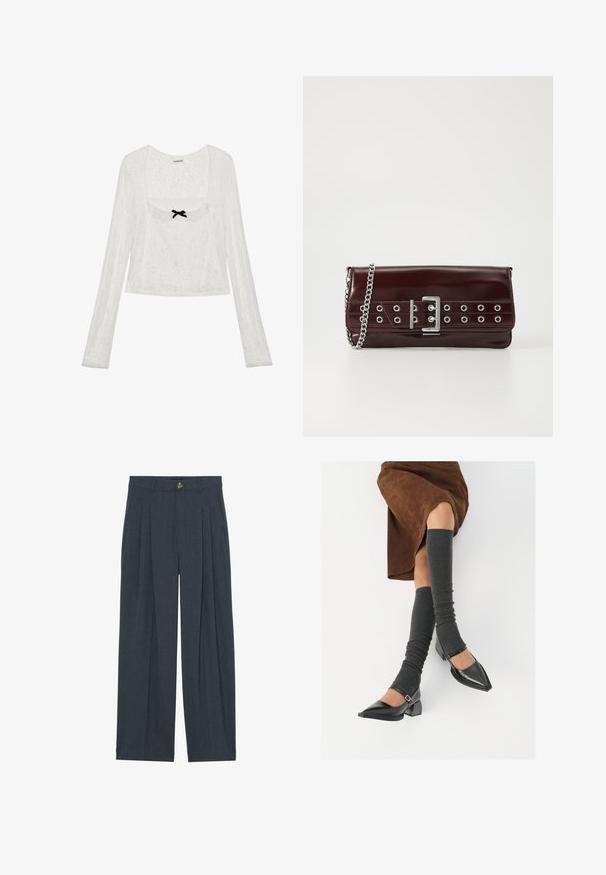 Balta garām piedurknēm mežģīņu blūze ar kvadrātveida kakla izgriezumu, frillēm un mazu melnu lentīti vidusdaļā.; Plati bikses, izgatavotas no tekstitētas tumši pelēkas auduma, ar priekšējiem krokām, pogu aizdari un sānu kabatām papildu funkcionalitātei.; Melnas laka ādas apavi ar norādītu purngalu, blokveida papēdi un potīšu jostu, saskaņoti ar pelēkām ribotām kāju sildītājām un brūnu zamšādas svārku.; Burgundijas mākslīgās ādas sajūgs ar sudraba ķēdes siksnu, piedāvājot sprādzes dizainu un metāla acis priekšpusē papildu detaļām.