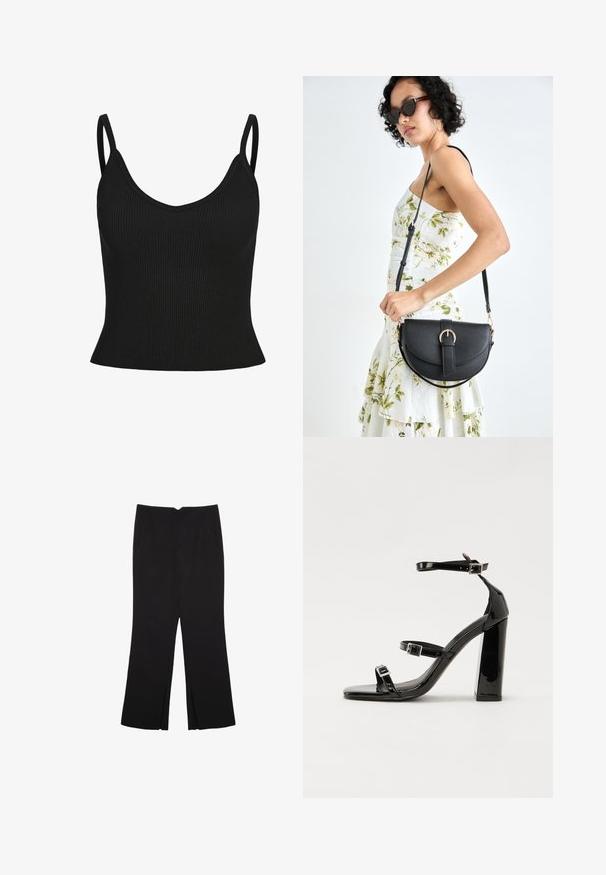 Čierny rebrovaný top na ramienka s tenkými popruhmi, výstrihom do "V", priliehavým strihom a textúrovanou tkaninou. Žiadne ďalšie vzory alebo akcenty neviditeľné.; Čierne nohavice so strihom rovného strihu, s prednými vreckami a bočnými rozparkami na leme. Vyrobené z mäkkej, hladkej tkaniny. Vhodné na rôzne príležitosti.; Čierne lakované sandále na vysokom opätku s dvoma prackami, štvorcovou špičkou a hrubým blokovým opätkom, s hladkou, lesklou textúrou.; Čierna kožená kabelka s zaobleným tvarom, odnímateľným popruhom a zlatými doplnkami. Kabelka má klopu s detailom s prackou.