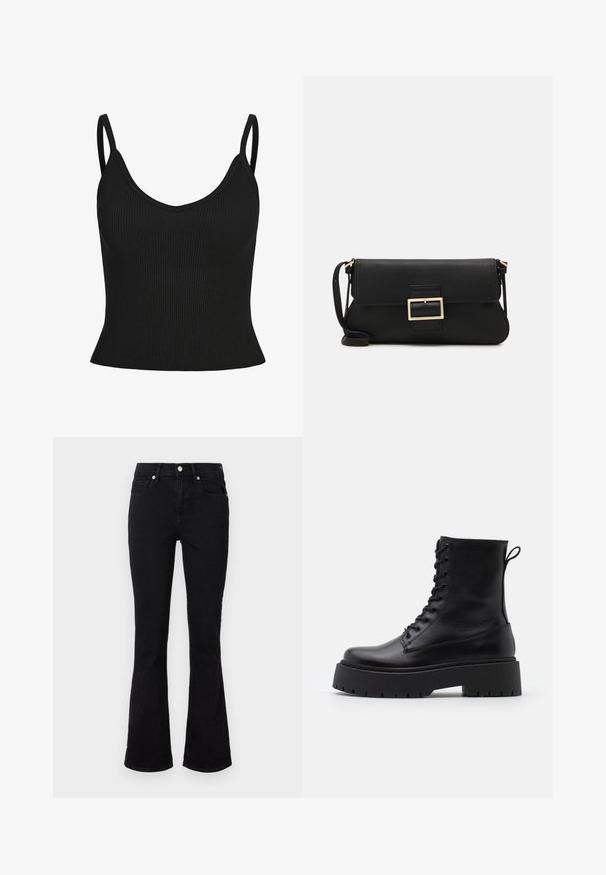 Fekete bordázott ujjatlan felső vékony pántokkal, V-kivágással, testhez simuló fazonban és textúrált anyagból. Nincsenek további minták vagy kiegészítők láthatók.; Fekete, harangszárú farmernadrág, közepes üléssel, első zsebekkel és gombzárral. Simább textúra minimális varrási részletekkel.; Fekete bőr bokacsizma, kerek orral, fűzős elülső résszel és vastag, texturált gumitalppal. Húzófül hátul.; Fekete bőr kézitáska hajtóka részlettel és aranyszínű fém csattal. Tartalmaz egy fekete pántot és egy letisztult, minimális dizájnt.