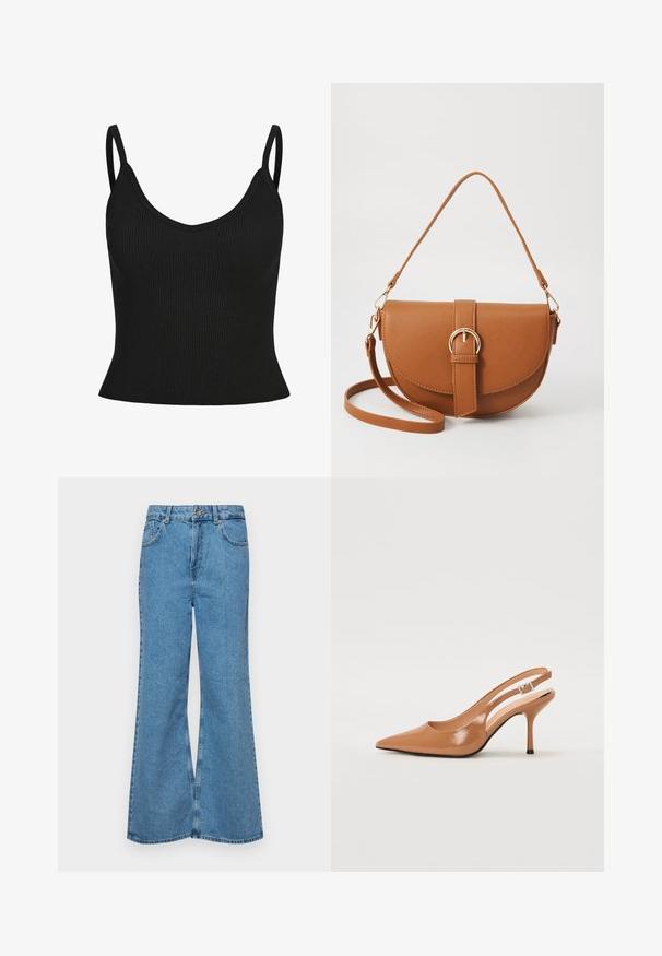 Svart ribbet tanktop med tynne stropper, V-hals, tettsittende fasong og teksturert stoff. Ingen tilleggsmønstre eller detaljer synlige.; Lyseblå vide jeans laget av denim, med høyt liv, fem lommer og en enkelt knappelukking. Myk tekstur med falmet finish.; Spiss tå slingback hæl i et glat, glinsende brunt materiale. Har et buet utskårent design og en slank stilett hæl. Sølvspenne detalj.; Brun lærcrossbody-veske med en buet form, gullhardware og et spenneakcent. Har en avtakbar skulderreim.