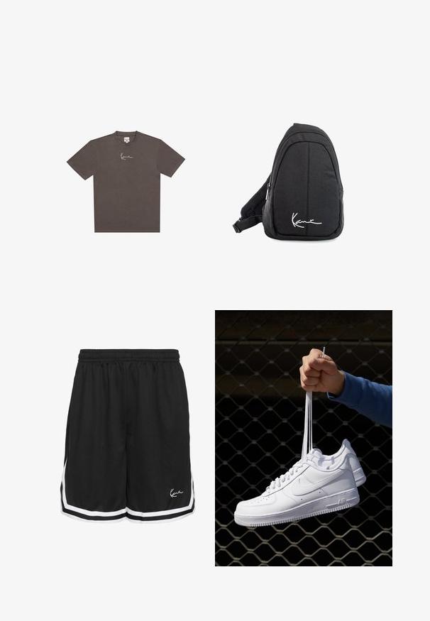 Camiseta de algodón gris oscuro con cuello redondo, mangas cortas y un gráfico de firma blanco en el lado izquierdo del pecho.; Pantalones cortos deportivos negros con cintura elástica, con rayas blancas en los laterales y un logo en la parte inferior derecha delantera. Tejido ligeramente texturizado.; Zapatillas de cuero blanco con perforaciones, punta redonda, suela plana y cordones gruesos, con un logo de swoosh visible y "AIR" en el talón.; Mochila de tela negra tipo bandolera con una textura suave, que presenta un diseño curvado, un compartimento con cremallera y un logo blanco en la parte frontal.