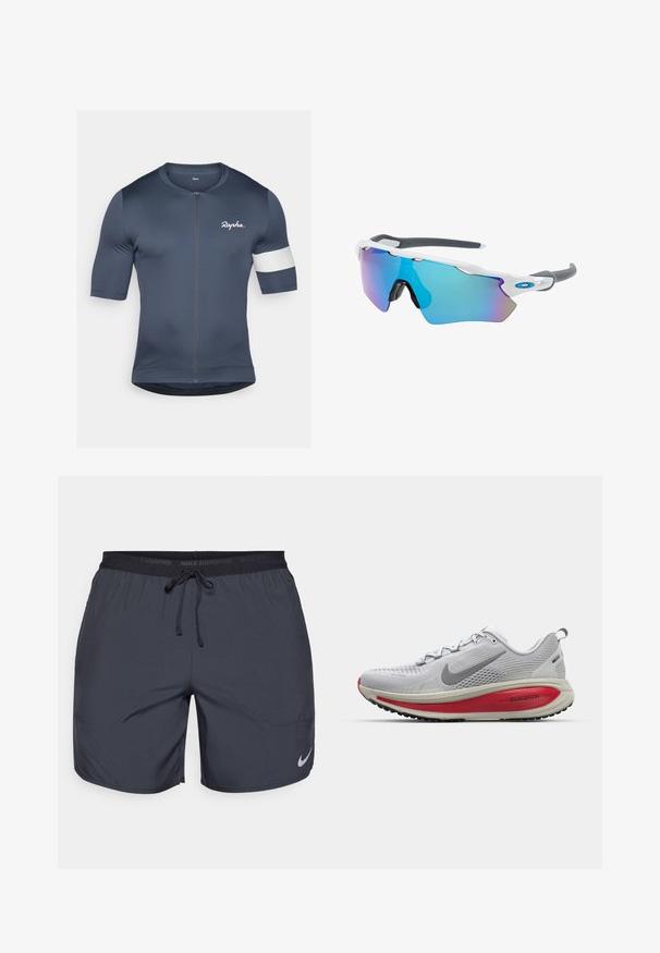 Kortærmet cyklingstrøje i marineblå, lavet af strækbart stof. Har en frontlynlås og hvid accent på venstre ærme.; Nike løbeshorts i mørkegrå, med elastisk talje og snor samt en sølvlogoaccent på den nederste højre ben.; Nike løbesko i lysegrå mesh med røde accenter, der har en afrundet tå, tykk polstret sål og struktureret sål til greb.; Solsikker med hvid ramme, grå accenter og blå spejllinser. Sporty design, omviklet form og justerbare næsepuder.