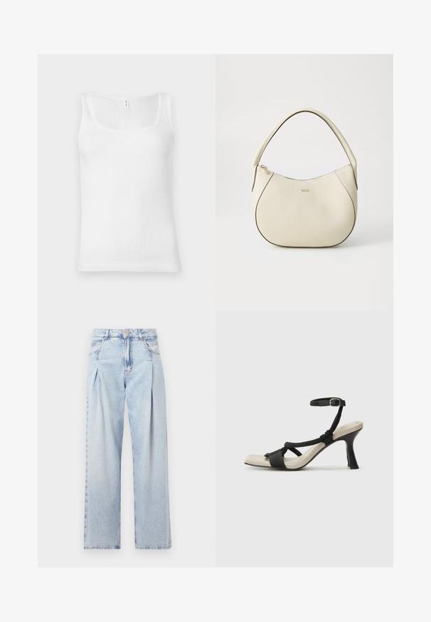 White ribbed tank top featuring a rectangular neckline and wide shoulder straps. The fabric has a textured, stretchy appearance.; Light blue denim jeans with a high waist, wide-leg cut, two side pockets, and pleated design feature. Soft texture with a faded finish.; Black heeled sandal with braided strap design, square toe, and adjustable ankle strap. Light beige footbed with a glossy black heel.; Cream-colored handbag with a textured finish, curved shape, short handle, and gold-tone logo detail. Zipper closure at the top.