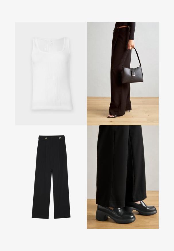 Valkoinen ribbikoosteinen hihaton paita, jossa on suorakulmainen kaula-aukko ja leveät olkaimet. Kangas on tekstuuriin ja joustavuuteen perustuva.; Mustat leveälahkeiset housut, joissa on korkea vyötärö, napit vyötärönauhassa ja etupuolella laskokset.; Mustat platforemikengät kiiltävällä pinnalla ja pyöristetyllä varpaalla; paksu, teksturoitu musta korko, jossa on pieni kaari; yhdistetty löysiin mustiin housuihin.; Musta käsilaukku, jossa on rakenteellinen muoto, sileä pinta ja metallinen solki. Yhdistetty leveisiin mustiin housuihin ja avonaiheisiin sandaaleihin puulattialla.