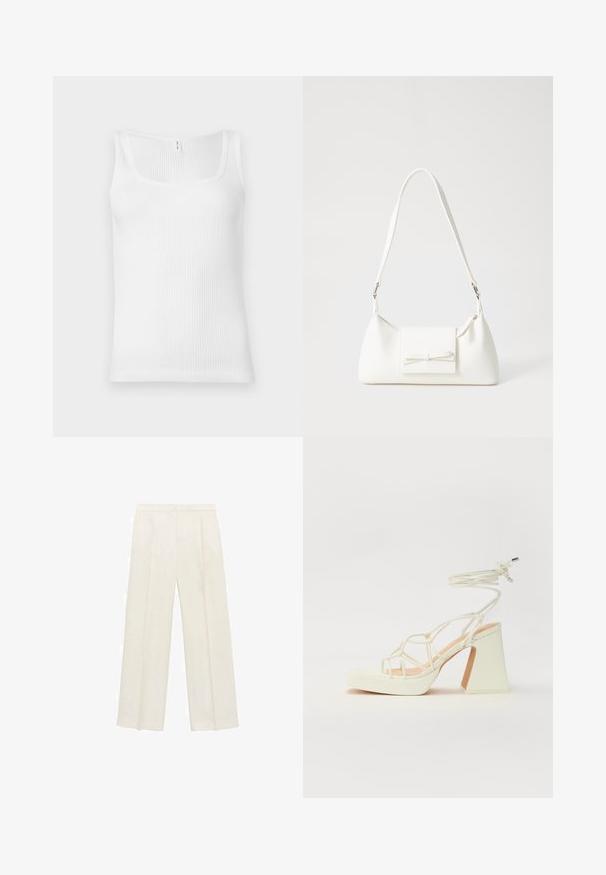 Top din bumbac alb, cu decupaj dreptunghiular la gât și bretele late. Țesătura are un aspect texturat și elastic.; Pantaloni cu picioare largi, de culoare crem deschis. Realizați dintr-un material neted, cu plisuri în față și buzunare laterale.; Sandale albe cu toc înalt și gros, cu un design cu curele și legătură la gleznă. Textură netedă, cu o platformă frontală pentru înălțime suplimentară.; Geantă sintetică albă, cu formă triangulară, capac frontal plat și detaliu cu fundă, curea ajustabilă, textură netedă și design minimalist.