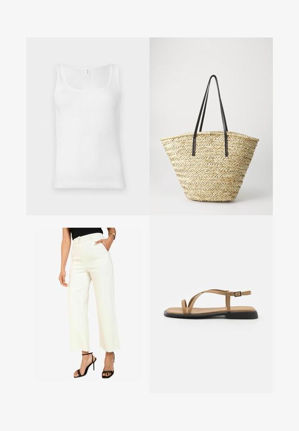 Valge ribadega tank top, mis omab ristkülikukujulist kaelust ja laiu õlavarre rihmasid. Kanga välimus on tekstuurne ja veniv.; Valged laiad denimpüksid, kõrgema vöökohaga, esiküljel tasku ja toores serv, millele on sobitatud mustad kõrge kontsaga sandaalid.; Kerged sandaalid kahte õhukest rihma, mis ristuvad jalal, ja lipsuga ankle rihm. Omab sileda nahataolist ülemist osa ja musta tallaga.; Kootud õlletekott, millel on lai, kitsenev kuju ja kaks mustast nahast käepidet. Loomulik beež värv ja tekstuuriga pind.