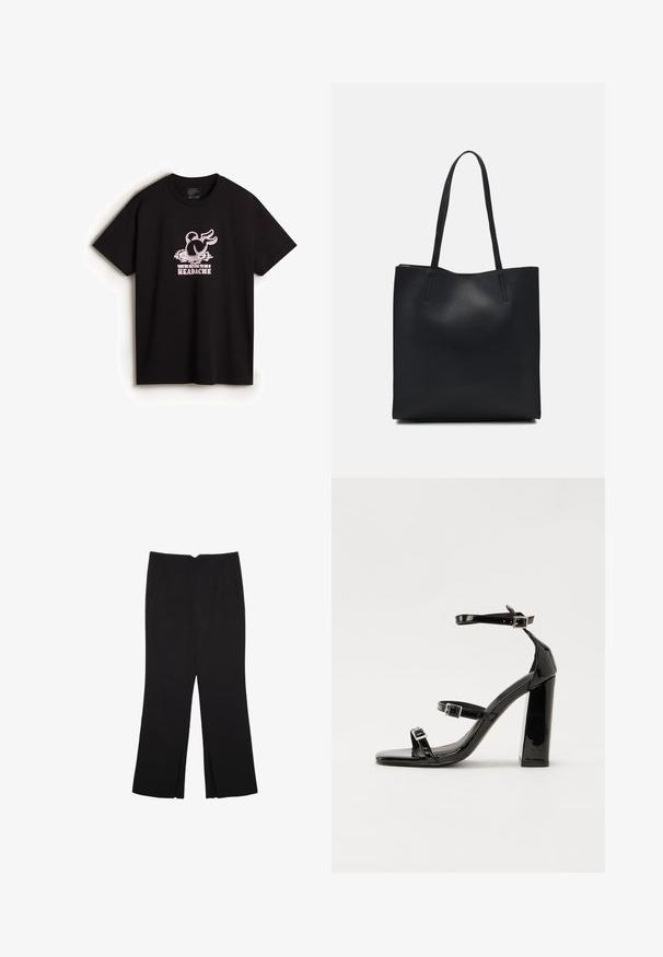 Vans DOWN THE RABBIT HOLE - Triko s potiskem - black; Černé kalhoty s rovným střihem, s předními kapsami a bočními rozparky na lemu. Vyrobené z jemné, hladké tkaniny. Vhodné na různé příležitosti.; Černé lakované sandály na podpatku se čtveratou špičkou, lýtkovými pásky a stříbrnými přezkami. Disponují masivním blokovým podpatkem pro stabilitu.; Černá kožená taška přes rameno s hladkým povrchem, obdélníkovým tvarem a dvěma dlouhými uchy. Žádné viditelné kování ani ozdoby.