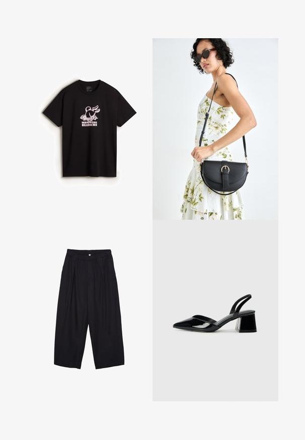 Vans DOWN THE RABBIT HOLE - Printtipaita - black; Musta polyesterinen culotte-housut, jossa on joustava vyötärö, kaksi etupleettiä ja löysä siluetti. Ei näkyviä kuvioita tai metallisia yksityiskohtia.; Mustat patentoitu nahkakengät, joissa on säären takaosa ja terävä kärki, sekä geometrinen palikkakorko. Sisältää tyylikkään, minimalistisen muotoilun ja sileän pinnan.; Musta nahkainen käsilaukku, joka on kaareva muotoilultaan, irrotettavalla hihnalla ja kultaisilla yksityiskohdilla. Laukussa on läppä, jossa on solk yksityiskohta.