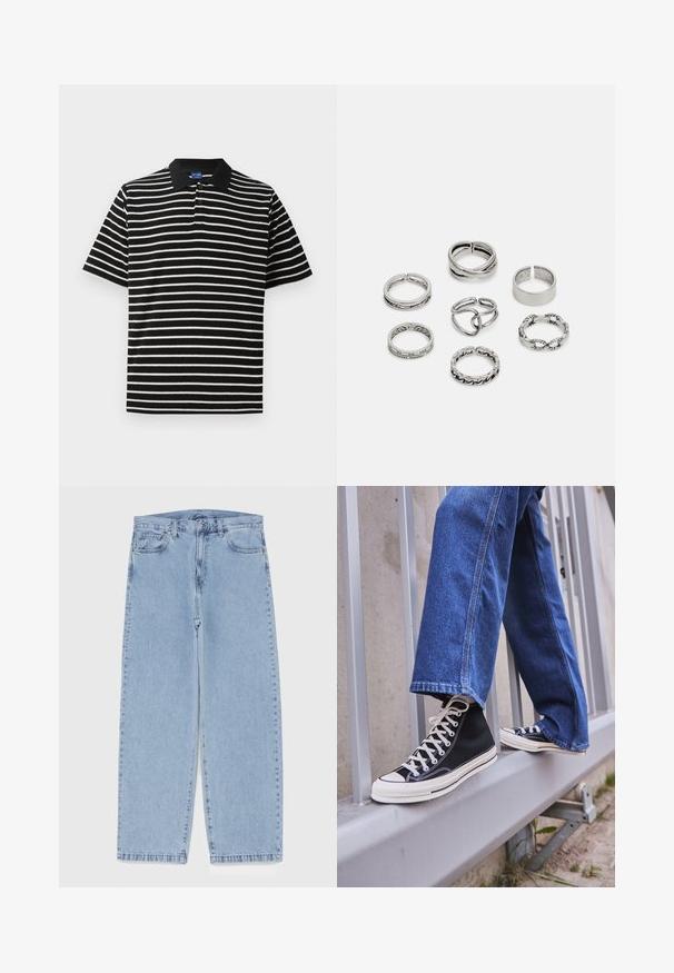 Polo a rayas blancas y negras con mangas cortas, un cuello negro y tres botones en el cuello. Textura de tela suave.; Jean de mezclilla azul claro con diseño de pierna recta, con una cintura de altura media, cinco bolsillos y un cierre de botón y cremallera.; Zapatillas de deporte negras de caña alta con suela y cordones blancos, combinadas con unos vaqueros de denim azul holgados, apoyadas en una barandilla gris.; Conjunto de siete anillos de plata con diversos diseños, incluidos patrones retorcidos, enlazados y grabados. Diferentes formas y anchos.