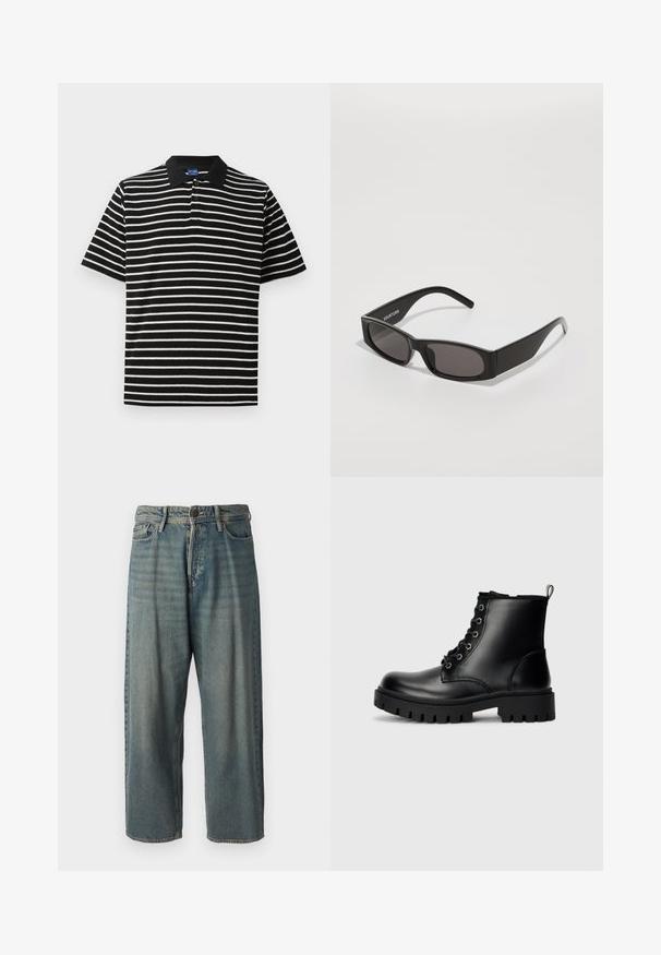 Polo tričko so vzorom čierno-biele pruhy, krátke rukávy, čierny golier a tri gombíky pri krku. Mäkká textúra látky.; Svetlomodré denimové nohavice so voľným strihom, stredne vysokým pásom a rovnými nohavicami. Obsahujú päť vreciek, pútka na opasok a zapínanie na gombík.; Čierne kožené členkové topánky s okrúhlym špičkou, šnurovacími dizajnom a robustnou, hrubou podrážkou. Obsahujú pútko na päte a strieborné kovové doplnky.; Čierne obdĺžnikové slnečné okuliare s tmavými sklami, hladkým plastovým rámom a decentným logom na ľavom ramene. Minimalistický dizajn.