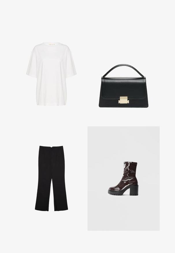 Hvid kortærmet t-shirt lavet af blød bomuld. Har en rund halsudskæring og subtile logo detaljer på venstre bryst. Efter gerade snit.; Sorte bukser med lige pasform, der har frontlommer og slidser i kanten. Lavet af blødt, glat stof. Velegnet til forskellige anledninger.; Glatte burgunder ankelstøvler med en chunky sort hæl, der har en glat tekstur og et simpelt design. Ingen synlige lukninger eller mønstre.; Sort læderhandtaske med et struktureret design, topbærerhåndtag og en detalje i guldfarvet metalklap på fronten. Glat tekstur, minimal syning.