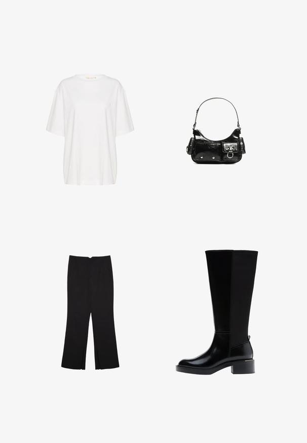 Bijela majica kratkih rukava od mekanog pamuka. Ima okrugli izrez i suptilan logo detalj na lijevoj strani prsnog dijela. Ravni kroj.; Crne hlače ravnog kroja, s prednjim džepovima i bočnim prorezima na rubu. Izrađene od mekog i glatkog materijala. Pogodne za razne prigode.; Crna čizma do koljena s glatkom kožnom završnom obradom, istaknutim šavovima, masivnom petom i teksturiranim stražnjim panelom za dodatni interes.; Crna patentna kožna torba s zakrivljenim oblikom, jednim remenom za rame, prednjim džepovima i akcentima od srebrnog tona.