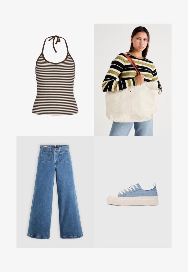Top halter riscado feito de tecido canelado; apresenta riscas alternadas em castanho e branco, laço no pescoço ajustável e silhueta ajustada.; Jeans azuis de cintura alta, de perna larga, com bolsos frontais, passantes para cinto, fecho de botão e zíper, sobre um fundo liso.; Ténis de lona azul claro com uma biqueira e sola de borracha creme, apresentando atacadores brancos e uma alça na parte de trás.; Grande bolsa de lona bege com alças de couro castanho, apresentando um design minimalista e costuras visíveis como destaque.