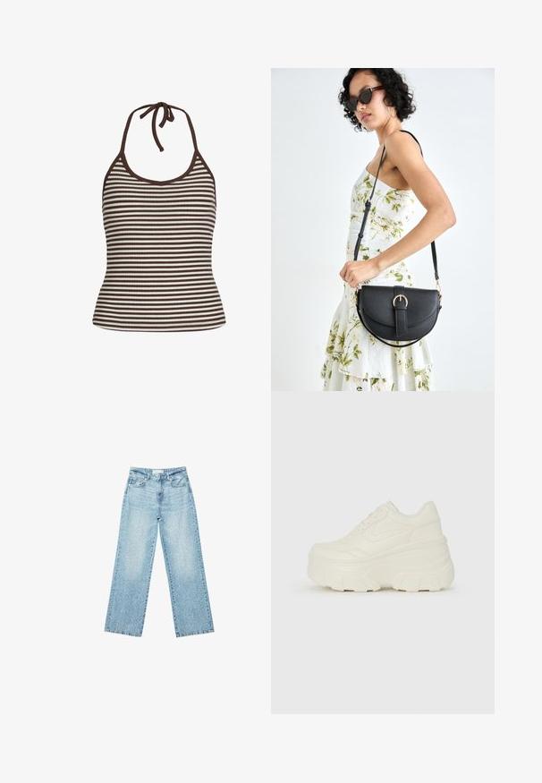 Prugasta halter majica iz rebraste tkanine; sadrži naizmenične smeđe i bele pruge, podesivu traku za oko vrata i prilagođeni kroj.; Svjetloplave široke traperice s visokim strukom, s izblijedjelim pranjem i malim, raštrkanim oštećenjima po cijelom dijelu.; Bele platformske tene z belim zgornjim delom, ki spominja na usnje, okroglo obliko, oblazinjen ovratnik ter gumo z teksturo na podplatu z izrazitimi profili.; Črna usnjena torbica s ukrivljeno obliko, z odstranljivo naramnico in zlatimi dodatki. Torbica ima pokrov s podrobnostmi v obliki zaponke.