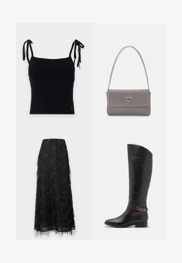 Black ribbed crop top with adjustable tie straps. Smooth texture, fitted design, and subtle logo detail on the bottom right.; Black midi skirt featuring layered fringe and wave patterns. Made from sheer material with sparkly accents along the edges.; Tall black leather boots with a sleek design, pointed toe, and a gold chain accent at the ankle. Low block heel. Smooth texture.; Light gray metallic handbag featuring a chain strap, embellished with small circular metallic studs and a triangular brand logo.