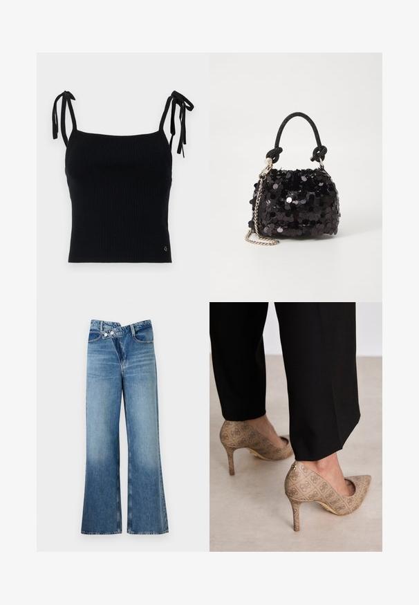 Svart ribbet crop top med justerbare snører. Glatt tekstur, tettsittende design og subtil logodetalj nederst til høyre.; Lyseblå denim flared jeans med høy midje, med to knapper og frontlommer. Stoffet har en falmet tekstur med subtile variasjoner.; Beige høyhælte sko med teksturert stoff som har et gjentatt mønster. Spiss tådesign med bakdetalj og gullhelsjekk.; Svart paljettmini-veske med en knyttet teksturert stropp og sølvkjede. Rund form med samlet topp og reflekterende detaljer.