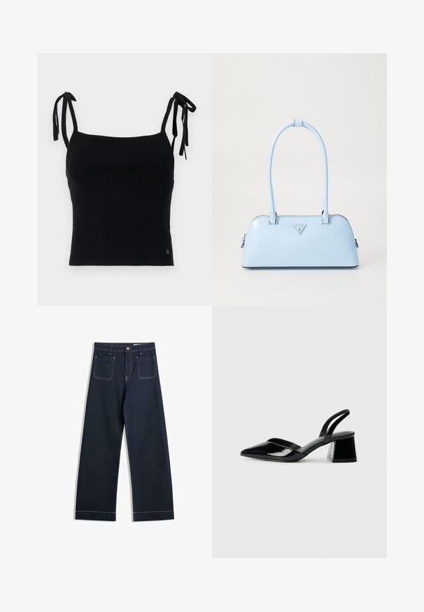 Zwarte geribbelde crop top met verstelbare strikbanden. Gladde textuur, aangesloten ontwerp en subtiel logo-detail rechts onderaan.; Donkerblauwe wijde jeans gemaakt van denim met contrasterende tan stiksels, twee achterzakken en een knoopsluiting bij de taille.; Zwarte gepatineerde leren slingback hakken met een spitse neus en een geometrische blokhak. Kenmerkt zich door een slank, minimalistisch ontwerp en een gladde textuur.; Lichtblauwe handtas met een gestructureerde vorm, van soepel leer, met twee handvatten en een driehoekig merklogo aan de voorkant. Met ritsluiting.