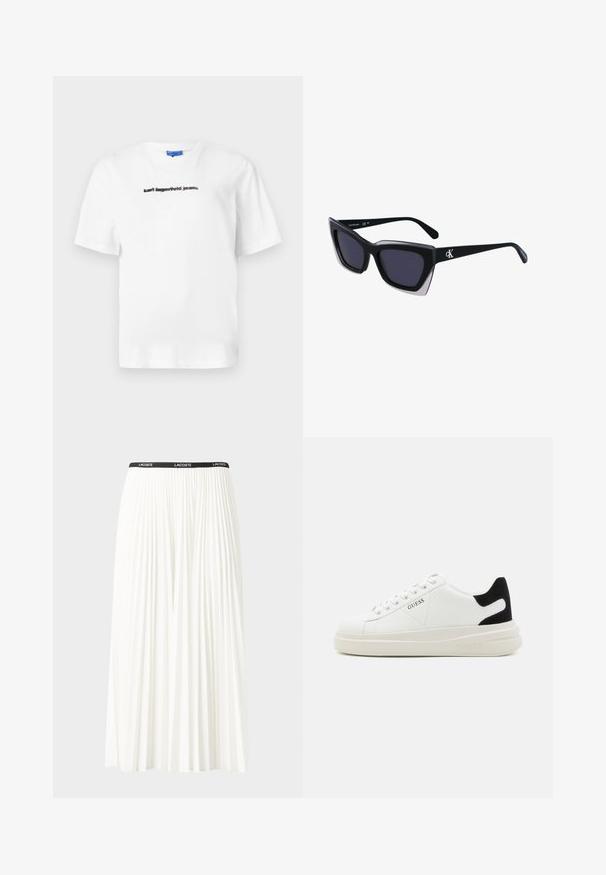 Bela bombažna majica s kratkimi rokavi in krožnim ovratnikom. Spredaj je natisnjen črn napis: "karl lagerfeld jeans." Gladka tekstura.; Gubasta bela krila z črnim elastičnim pasom, ki nosi logotip "LACOSTE". Srednje dolga zasnova z mehkobo tkanine.; Bele usnjene športne copate z debelim belim podplatom, črnimi semišnimi detajli na peti in utisnjenim logotipom na strani. Zavezovanje s šestimi luknjicami.; Črne prevelike sončne očala geometrijske oblike, z temnimi lečami in kontrastno sivo podrobnostjo na okvirju. Logo na ročaju.