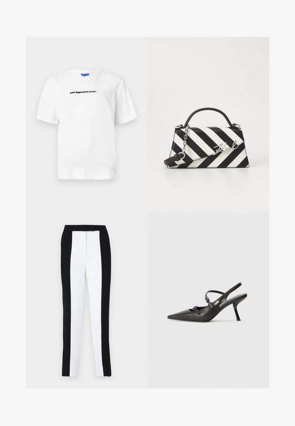 Bílý bavlněný tričko s kulatým výstřihem a krátkými rukávy. Na přední straně je vytištěn černý text: "karl lagerfeld jeans". Hladká textura.; Černé a bílé zúžené kalhoty v slim fit střihu s kontrastními panely. Materiál má hladkou texturu; pas je plochý a upnutý.; Černé kožené lodičky na boku s špičatou špičkou, štíhlým podpatkem a dekorativní přezkou na nártu. Hladká textura a elegantní design.; Černo-bílá pruhovaná kabelka se strukturovaným tvarem, vybavená horní rukojetí, odnímatelným řetízkem a kovovým logem.