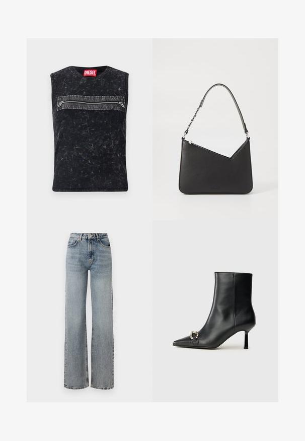 Svart ermeløs topp med rund hals, med en frontlomme med glidelås og grå kant, laget av teksturert stoff med en slitt finish.; Lyseblå denimjeans med høy midje, vide ben, falmet finish og subtile slitasjedetaljer. Klassisk fem-lommers stil.; Sorte lær ankle boot med spiss tå, slank mid-høyde hæl og sølvspenne på siden mot en enkel bakgrunn.; Svart lærveske med trekantet form, en slank stropp og sølvfarget detaljer. Har glidelåslukking og preget logo på forsiden.