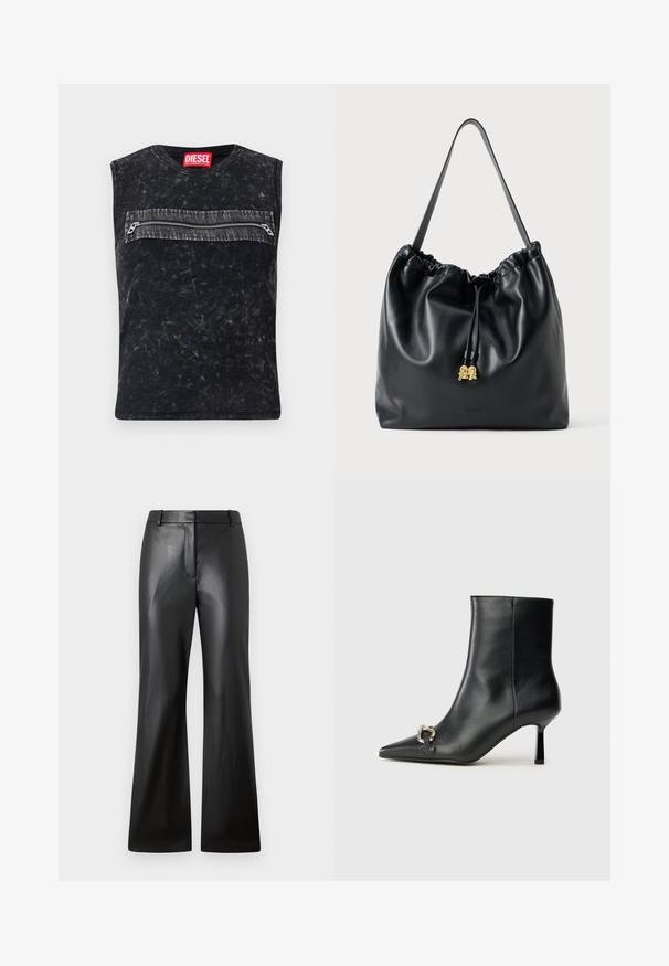 Top preto sem mangas com decote redondo, apresentando um bolso com fecho na frente com borda cinza, feito de tecido texturizado com um acabamento desgastado.; Calças de couro pretas com uma textura suave, design de perna larga e uma cintura de altura média com passantes para cinto e bolsos frontais.; Bota preta de couro até ao tornozelo com bico apontado, salto slim de altura média e detalhe em fivela prateada de lado, contra um fundo simples.; Mala de cordão em couro preto com uma textura suave, topo franzido e discretos acessórios em dourado. Apresenta uma única alça resistente e um logótipo embossado.