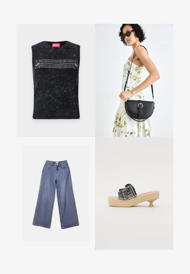 Top preto sem mangas com decote redondo, apresentando um bolso com fecho na frente com borda cinza, feito de tecido texturizado com um acabamento desgastado.; Calças de ganga de perna larga numa lavagem azul clara, com uma cintura alta, bolsos frontais e fecho de botão com passadores para cinto.; Sandal slide em denim com plataforma tecida e pequeno salto. Apresenta costura decorativa e um detalhe metálico na tira superior.; Bolsa de couro preta com forma curva, alça destacável e detalhes em dourado. A bolsa possui uma aba com detalhe de fivela.