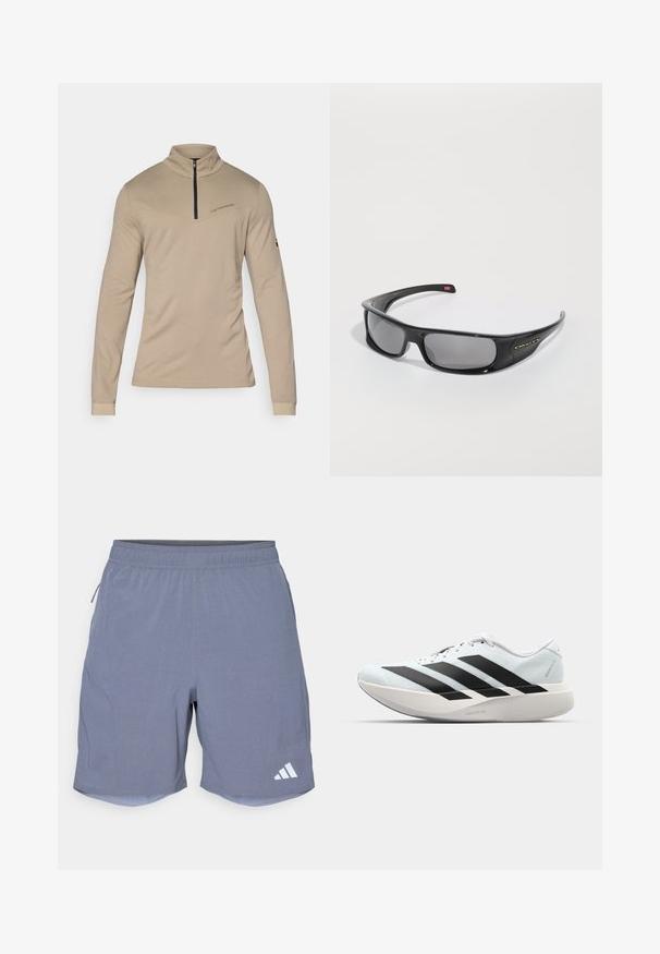 Bež srajca z dolgimi rokavi, visokim ovratnikom in pol zadrgo. Ima diagonalen šiv in subtilno blagovno oznako na prsih. Gladka tekstura.; adidas Performance Športne kratke hlače - onix; Lahki tekaški čevlji v svetlo modri barvi z belimi črtami. Imajo gladek zgornji del, okroglo kapico in debel bel srednji podplat z označbo "LIGHTSTRIKE PRO."; Črne Oakley očala s povezanimi okvirji, temnimi pravokotnimi lečami in ukrivljenimi ročaji na eni bari beli ozadju.