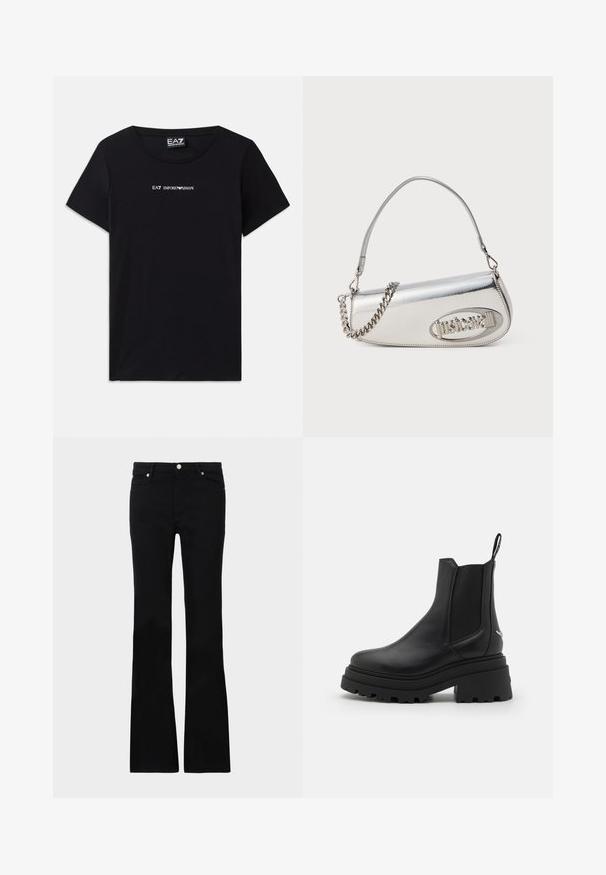 Juodas trumpų rankovių marškinėliai iš medvilnės, su "EA7 Emporio Armani" logotipu baltomis raidėmis per krūtinę, apvaliu iškirpimu.; Juodi plačios kojų džinsai, pagaminti iš denimo, turintys dvi priekinės kišenes, užsegimą su mygtuku ir lygią tekstūrą. Išsiuvinėjimas matomas siūlėse.; Juodi Chelsea batai, pagaminti iš lygaus odos, su elastingais šonų paneliais, storu, grotuotu guminio pado ir su traukimo įrankiu gale.; Sidabrinė metalinė rankinė apvalios trikampio formos, su logotipu, grandeline juosta ir lygiu paviršiumi. Užtrauktukas šone.