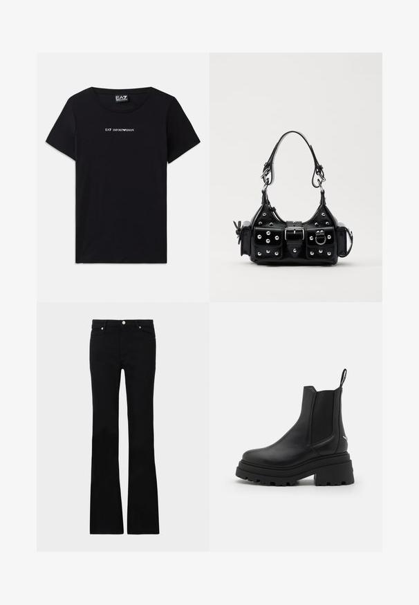 Musthave musta lühikese varrukaga T-särk, mis on valmistatud puuvillast. Särgil on rinnal valgetes tähtedes logo "EA7 Emporio Armani" ja ümar kaelus.; Mustad teksased, millel on flared lõige, kaks esi-taskut, nööbiga kinnitamine ja sile tekstuur. Tootemärgistus on nähtav õmblustes.; Mustad mustad tumed nahast Chelseas kingad, millel on elastsed külgpaneelid, paks ja sooniline kummitald ning tagaküljel tõmberaam.; Must värvi nahast käekott, millel on kaarjas disain, hõbedased nupukesed, kinnitusahe ja kaks külgtaskut. Reguleeritav rihm erinevate kandmisvõimaluste jaoks.
