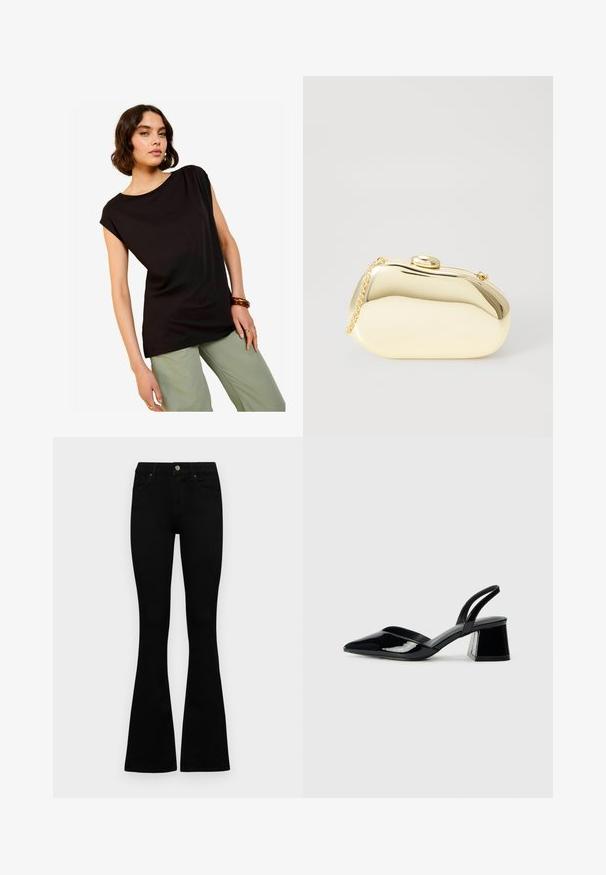 Melna īsu piedurkņu blūze ar brīvu piegriezumu un apaļu kakla izgriezumu, apvienota ar gaiši zaļām platām biksēm. Gluda auduma ar minimālu dizainu.; Melni augsta jostas šorti ar pogu un rāvējslēdzēju, priekšējām kabatām un izplestām kājām, nolikti uz balta fona.; Melna lakota āda ar atvērto papēdi, ar smailu purngalu un ģeometrisku blokpapēdi. Iezīmējas elegants, minimāls dizains un gluda tekstūra.; Metāliska zelta maciņš ar gludu, noapaļotu formu, aprīkots ar augšējo pogu aizdari un mazu ķēdes siksniņu ērtai nēsāšanai.