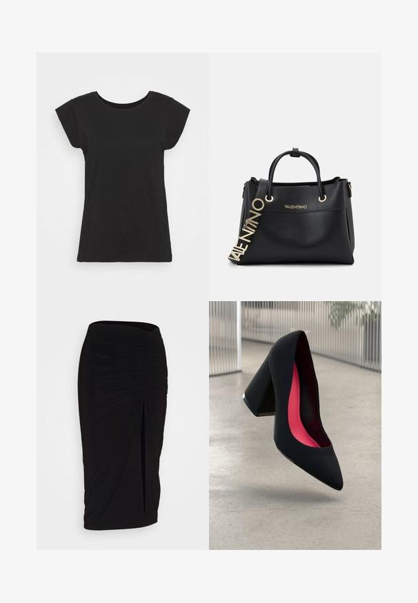 Zwarte katoenen t-shirt met korte capmouwen, ronde halslijn en een ontspannen pasvorm. Glad textiel zonder zichtbare patronen of accenten.; Zwarte, gerimpelde kokerrok met strikdetail en een zijsplit. Gemaakt van een rekbaar stof, met een soepele textuur en een aansluitend ontwerp.; Zwarte hoge hak met een spitse neus, textuur op het oppervlak en een opvallend roze interieur. Beschikt over een chunky hak met zilveren accent.; Zwarte leren handtas met gouden hardware, voorzien van dubbele bovenhandvatten en een decoratieve logo strap. Gelaagd oppervlak en gestructureerd ontwerp.