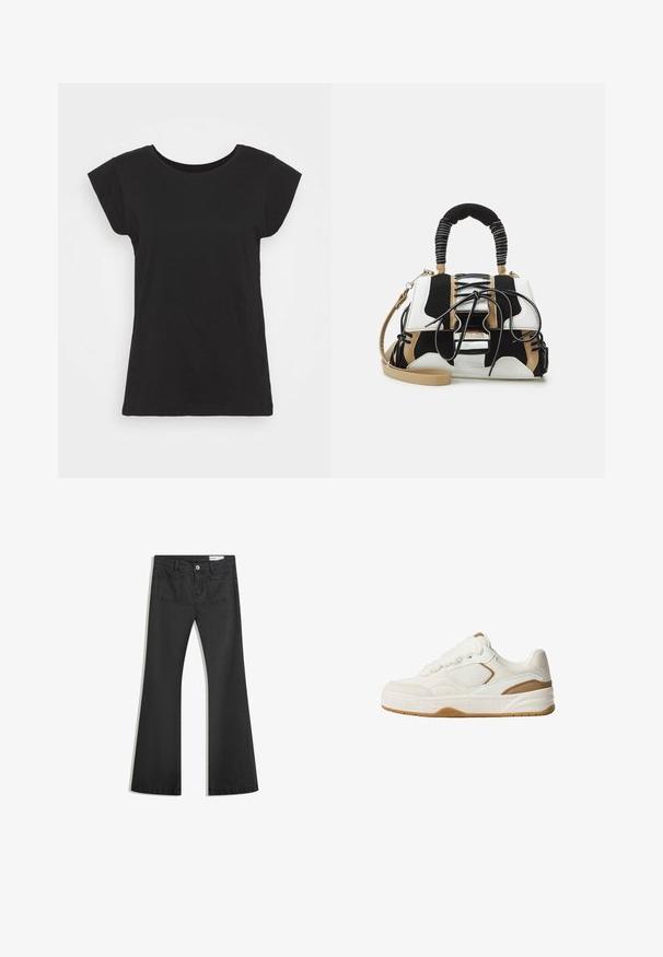 Fekete pamut póló rövid, puffos ujjakkal, kerek nyakkivágással és laza szabással. Simaság jellemzi, látható minták vagy díszítések nélkül.; Fekete, sima textúrájú farmer flare nadrág, két hátsó zsebbel és gombos derékkal.; Fehér sneaker texturált anyagból és velúr részletekkel. Kerek fűzőkkel, párnázott bokarésszel és gumis, tapadásra tervezett talppal rendelkezik.; Többszínű kézitáska fekete, fehér és bézs hálós anyaggal. Textúrázott fogantyúval, fűzős dizájnnal és levehető vállpánttal rendelkezik.