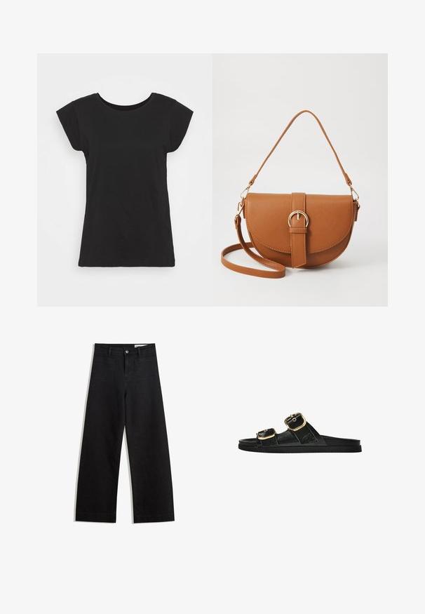 Sort bomulds T-shirt med korte ærmer, rund halsudskæring og en afslappet pasform. Glat tekstur uden synlige mønstre eller detaljer.; Sorte wide-leg denim bukser med høj talje, der har front- og baglommer, syede sømme og en knaplukning. Glat tekstur.; Sort skridsandal med to guldspænder, glat tekstureret materiale, flad sål og et minimalistisk design.; Brun læder crossbody taske med en buet form, guldfarvet hardware og en spændeaccent. Har en aftagelig skulderrem.
