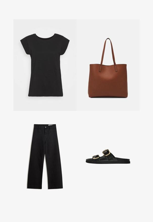 Tricou din bumbac negru cu mâneci scurte tip capac, guler rotund și o croială lejeră. Textură netedă, fără modele sau accente vizibile.; Pantaloni din denim negri cu picioare largi, cu talie înaltă, având buzunare frontale și posterioare, cusături dublate și închidere cu nasture. Textură netedă.; Sandalie negre cu toc plat, cu două accente de cataramă aurie, din material texturat neted și design minimalist.; Geantă de umăr din piele maro cu o textură netedă, design cu vârf deschis și două curele pentru umăr. Prezintă cusături minime și fără componente metalice vizibile.