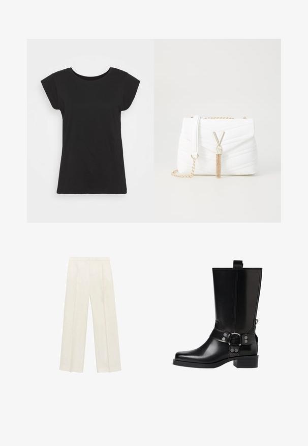 Schwarzes Baumwoll-T-Shirt mit kurzen Ärmelchen, rundem Ausschnitt und lockerem Schnitt. Glatte Textur ohne sichtbare Muster oder Akzente.; Weit geschnittene Hosen in einem hellen cremefarbenen Farbton. Hergestellt aus einem glatten Stoff mit Falten an der Vorderseite und seitlichen Taschen.; Schwarze Lederstiefel bis zum Knie mit spitzer Zehenform, silbernen Schnallenakzenten und einem klobigen Absatz. Verfügt über eine Zuglasche für einfaches Anziehen.; Weiße gesteppte Handtasche mit einem Umklappdeckel, goldener Kettenriemen und auffälligen goldenen Beschlägen mit einem "V"-Akzent und Quastendetail.