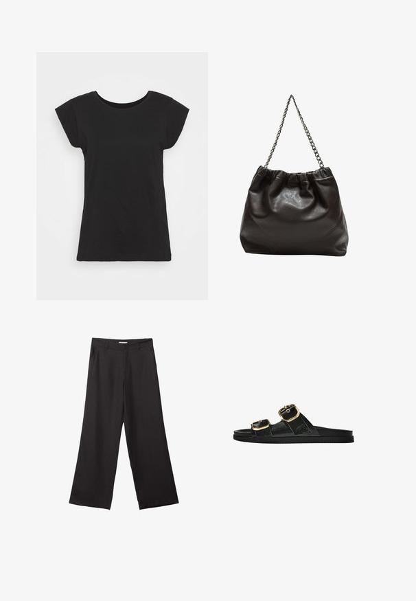 Schwarzes Baumwoll-T-Shirt mit kurzen Ärmelchen, rundem Ausschnitt und lockerem Schnitt. Glatte Textur ohne sichtbare Muster oder Akzente.; Schwarze weite Hosen aus glattem Stoff, mit einem Reißverschluss vorne und zwei seitlichen Taschen, maßgeschneiderter Passform und minimalistischem Design.; Schwarze Riemensandale mit zwei goldenen Schnallendetails, glattem Material, flachem Sohlen und minimalistischer Gestaltung.; Braune Lederhandtasche mit gerafftem Oberteil und Kettenriemen. Glatte Textur mit glänzendem Finish und subtilen Nahtdetails an den Seiten.