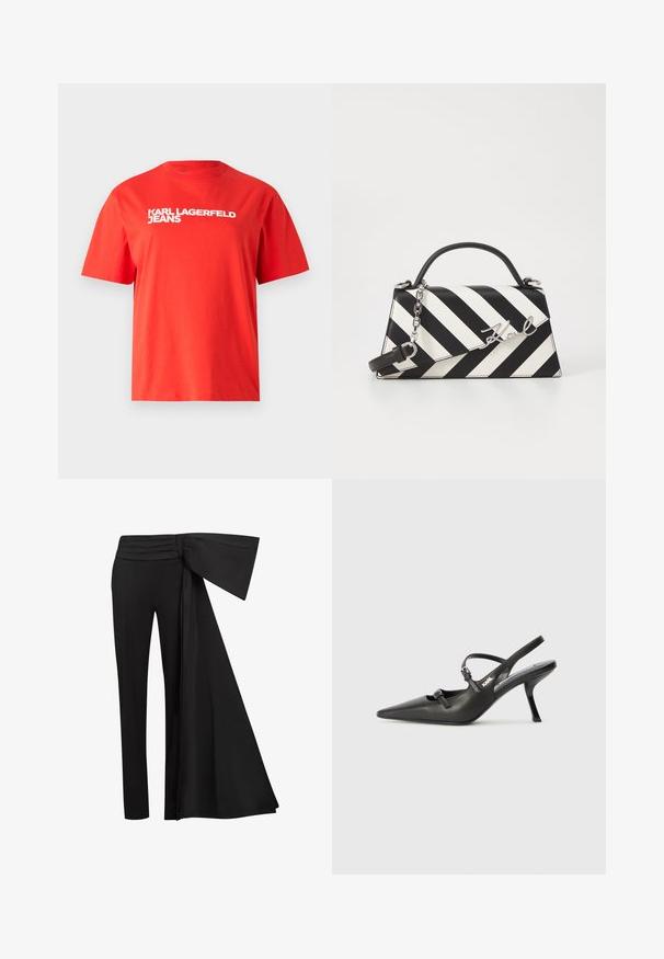 Red cotton t-shirt featuring short sleeves and a crew neck. The front displays white text "KARL LAGERFELD JEANS" in a bold font.; Black trousers with a wide, draped sash detail at the waist. Smooth fabric, straight leg cut, and pleated waistband.; Black leather slingback heels with a pointed toe, slender heel, and decorative buckle detail on the vamp. Smooth texture and sleek design.; Black and white striped handbag with a structured shape, featuring a top handle, a detachable chain strap, and metallic logo accent.