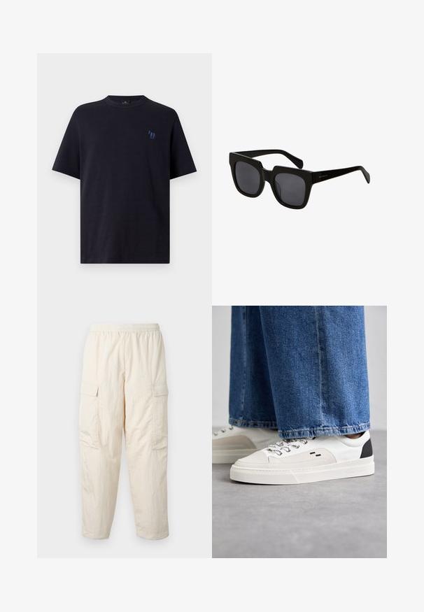 Tamsiai mėlynas medvilninis marškinėliai su apvalia iškirpte ir trumpomis rankovėmis. Pavaišinta maža mėlyna siuvinėta žirgo antkaklį kairėje krūtinės pusėje.; Bežinės cargo kelnės su elastinga juosta, turinčios dvi šonines kišenes ir minkštą, lengvą medžiagą. Susiglamžiusi tekstūra.; Balti ir balti sportbačiai su lygaus odos paviršiumi, tekstūruotais akcentais ir masyviu baltu padu. Turi klasiką primenančią raištelių užsegimo sistemą.; Juodos stačiakampės saulės akinios su storais plastikiniais rėmeliais ir tamsiais objektyvais. Rėmeliai yra elegantiški, su blizgiu paviršiumi ir minimaliais prekės ženklo ženklais.