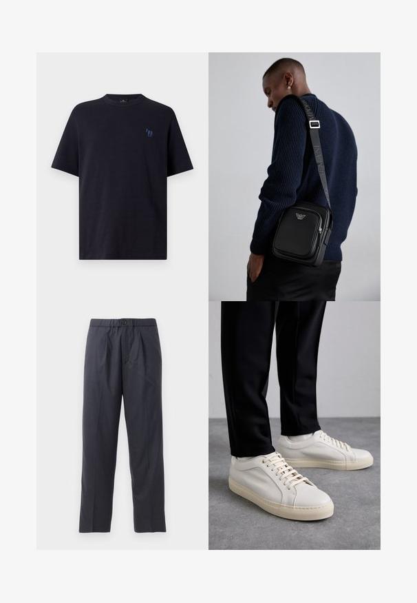Sötétkék pamut póló, kerek nyakkivágással és rövid ujjakkal. Bal mellen egy kis kék hímzett lólogó található.; Sötét tengerészkék nadrág, puha anyagból, plissézett elejű kialakítással és gumis derékkal. Gombos záródással és egyenes szárú szabással rendelkezik.; Világos bézs bőr sportcipő lapos fűzőkkel, texturált felülettel és kontrasztos krémszínű gumitalppal, fekete irodai nadrággal párosítva.; Fekete bőr keresztpántos táska cipzáras rekesszel, logó részlettel és márkázott állítható pánttal. Egy texturált tengerészkék pulóver mellett viselve.