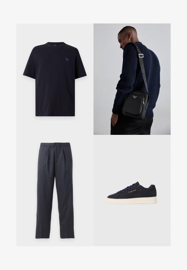 Temno modra bombažna majica s kratkimi rokavi in okroglo ovratnikom. Ima majhen modro vezen logotip konja na levem prsnem delu.; Temno modri hlače iz mehkega materiala z nabranim sprednjim delom in elastičnim pasom. Imajo gumbasto zapiranje in ravno krojene hlačnice.; Mornarsko modre semiš nizke superge z belim podplatom, mornarskimi vezalkami in z zlatim logotipom "Filling Pieces" na strani.; Črna usnjena torba čez ramo z zadrgo, detajlom logotipa in nastavljivim trakom s znamko. Nosi se ob teksturirani mornarsko modri pulover.