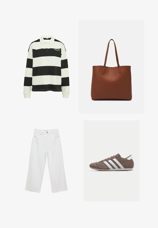 Zwart-wit gestreepte longsleeve polo, met een kraag en geborduurde groene tekst. Zacht materiaal met geribbelde manchetten en zoom.; Witte wijde jeans van denim met een hoge taille, voorzien van vijf zakken en metalen hardwareaccenten. Gladde textuur, geen zichtbare patronen.; Bruine suède sportschoen met witte strepen, ronde neus, vetersluiting en gumrubberen zool. Gestructureerde bovenkant met stikseldetails.; Bruine leren tote bag met een gladde textuur, een ontwerp met een open bovenkant en twee schouderbanden. Kenmerkt zich door minimale stiksels en geen zichtbare hardware.